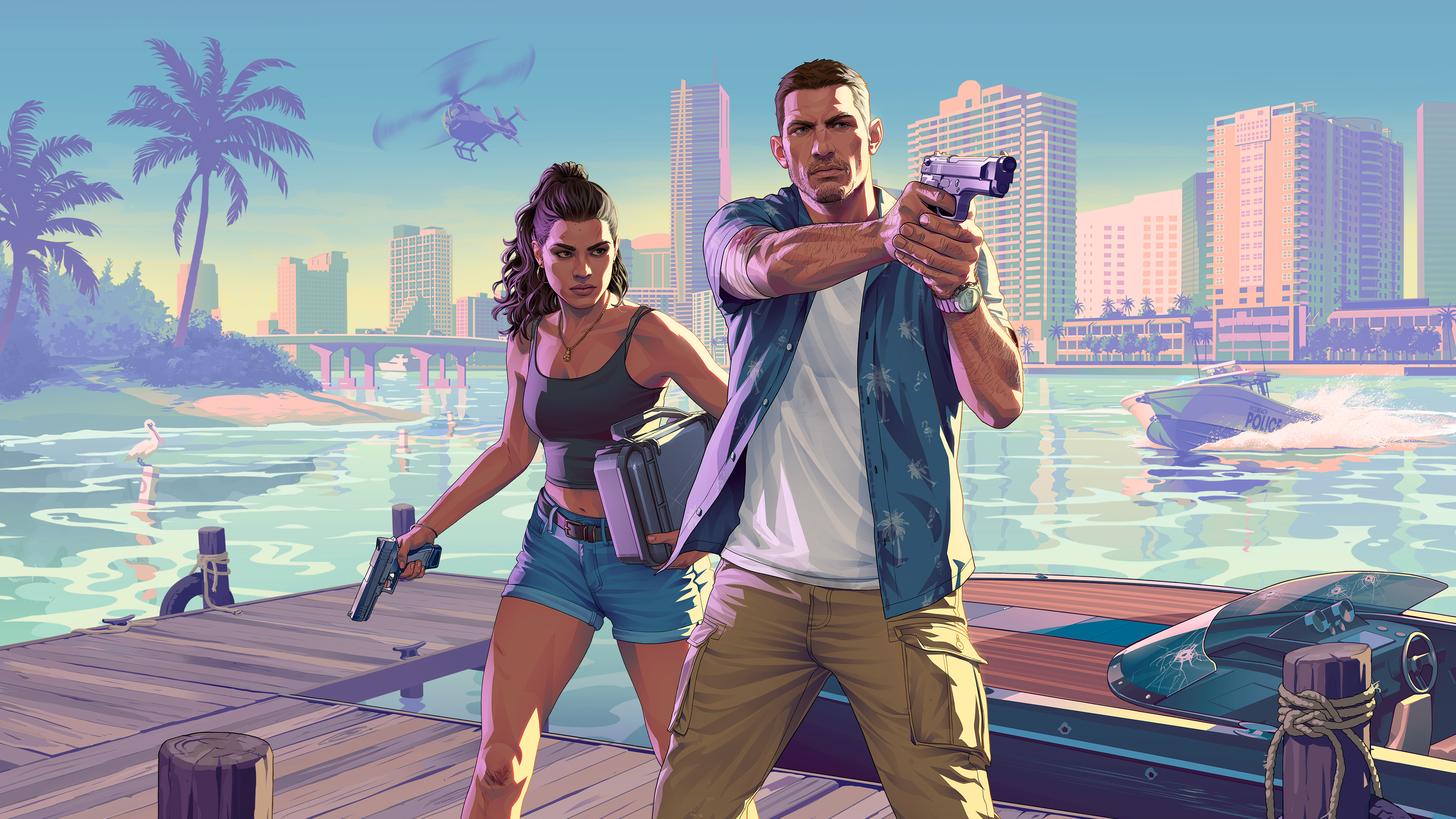 Male and female characters with firearms standing on a dock in a tropical coastal setting with high-rise buildings and vehicles in the background.