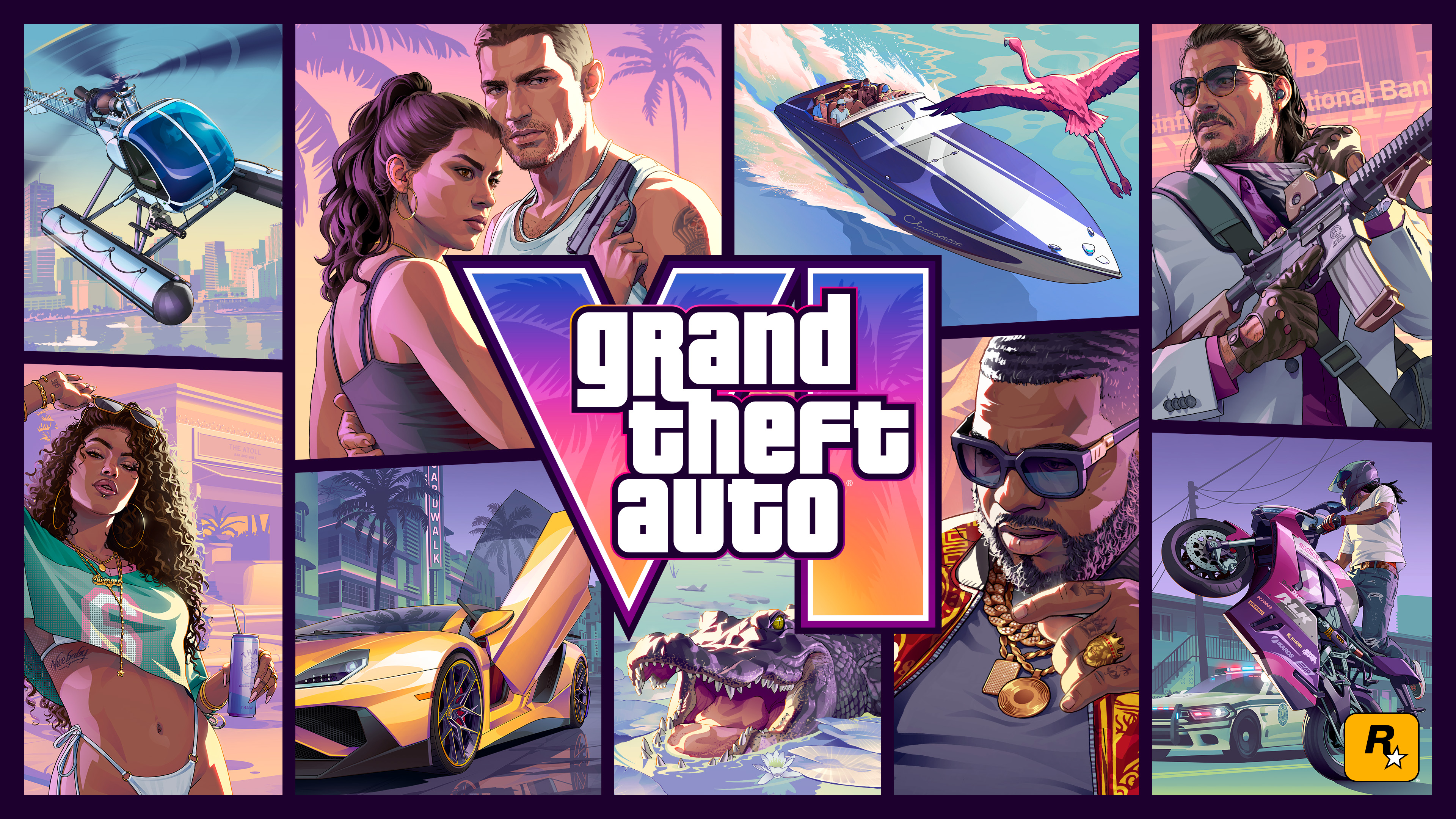 GTA 6 official promotional collage with characters, vehicles and logo on purple gradient background