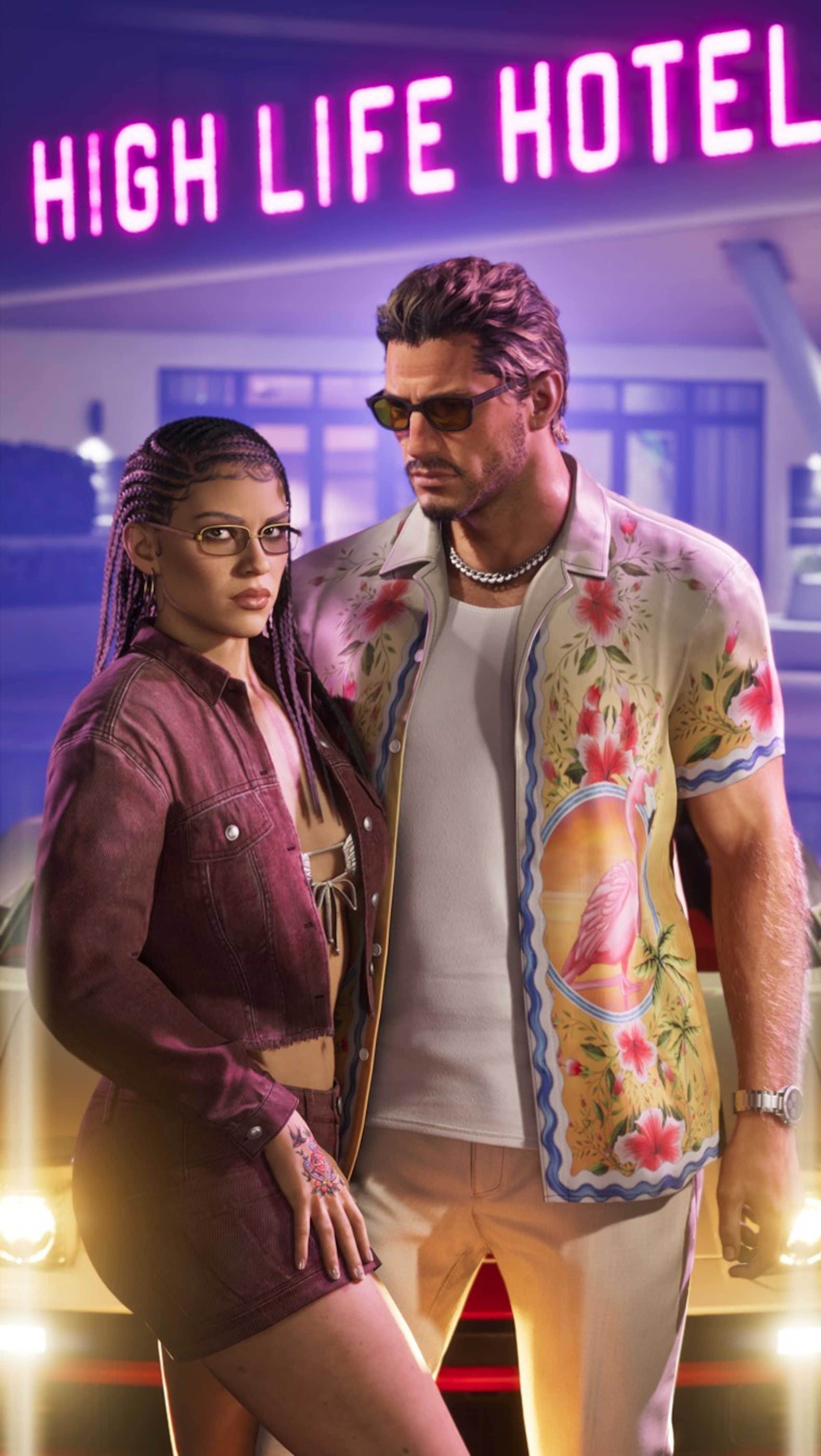 Jason and Lucia standing together under a neon High Life Hotel sign in Vice City
