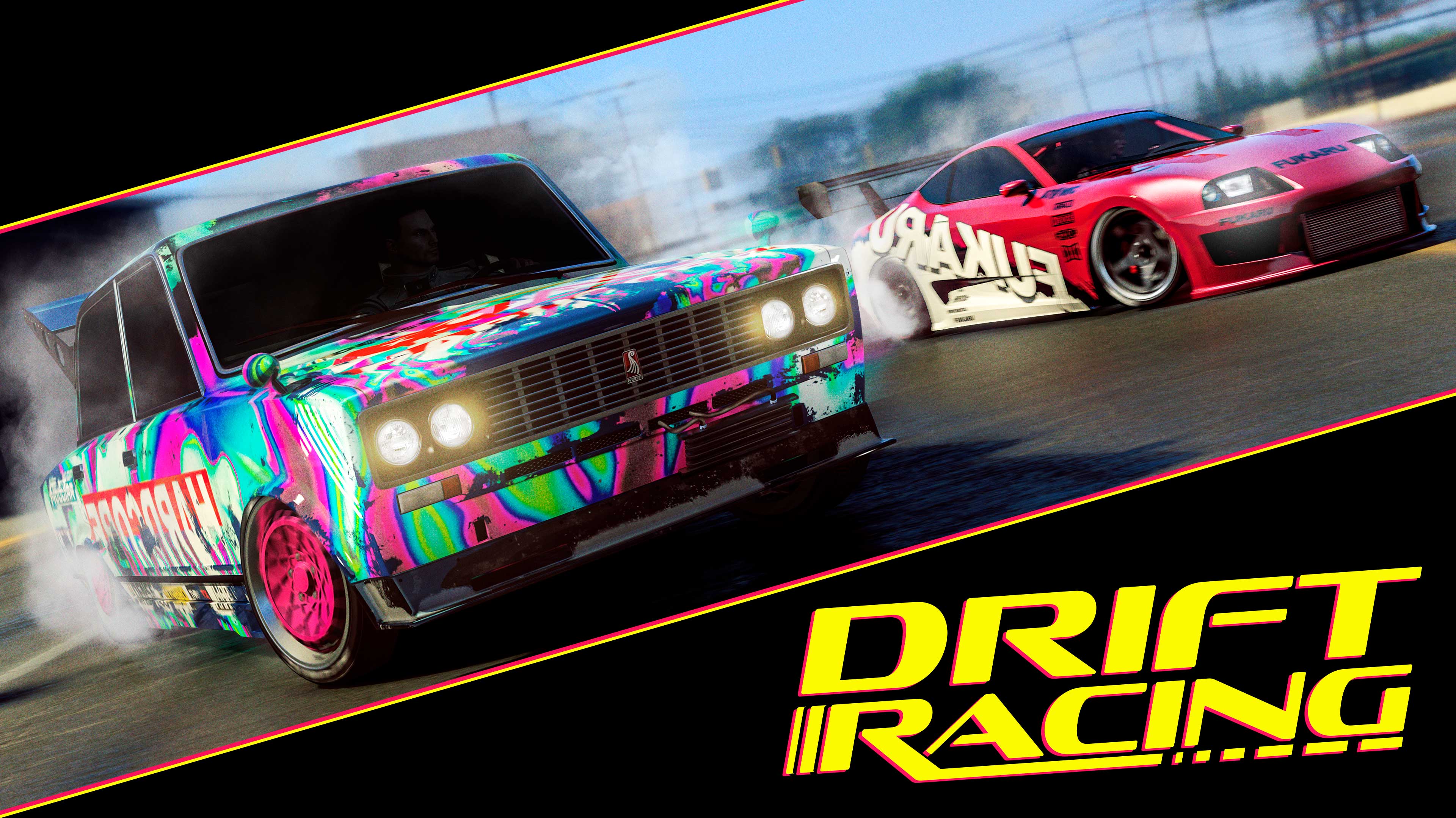 Two liveried drift cars sliding side by side under the Drift Racing logo in GTA Online