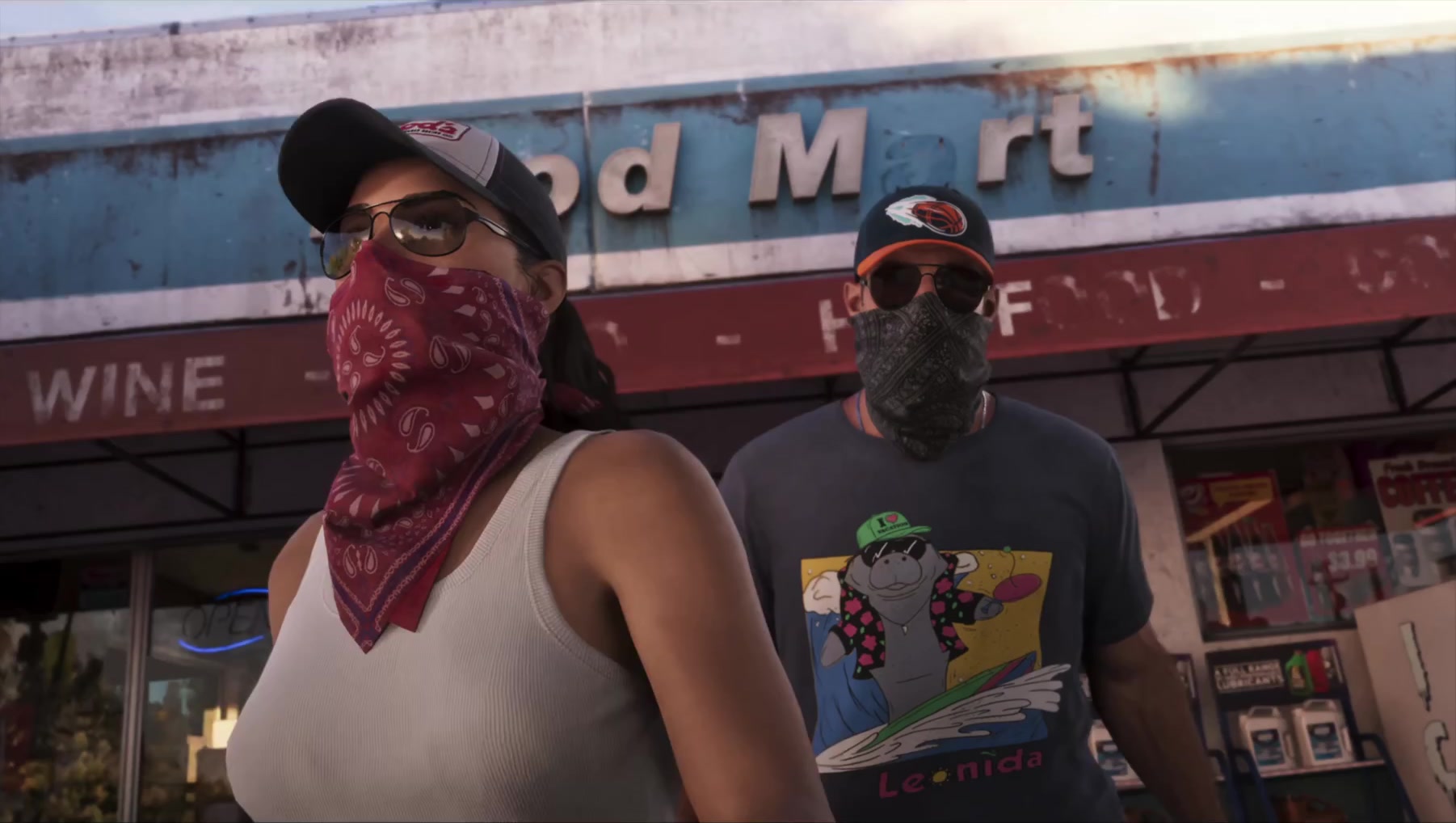 Masked Lucia and Jason side by side under the Good Mart fascia