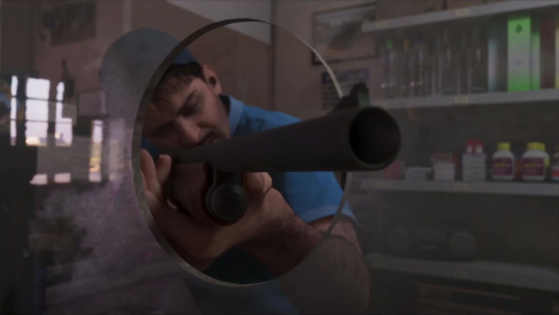 Jason racks a shotgun framed in a truck wing mirror outside the Good Mart
