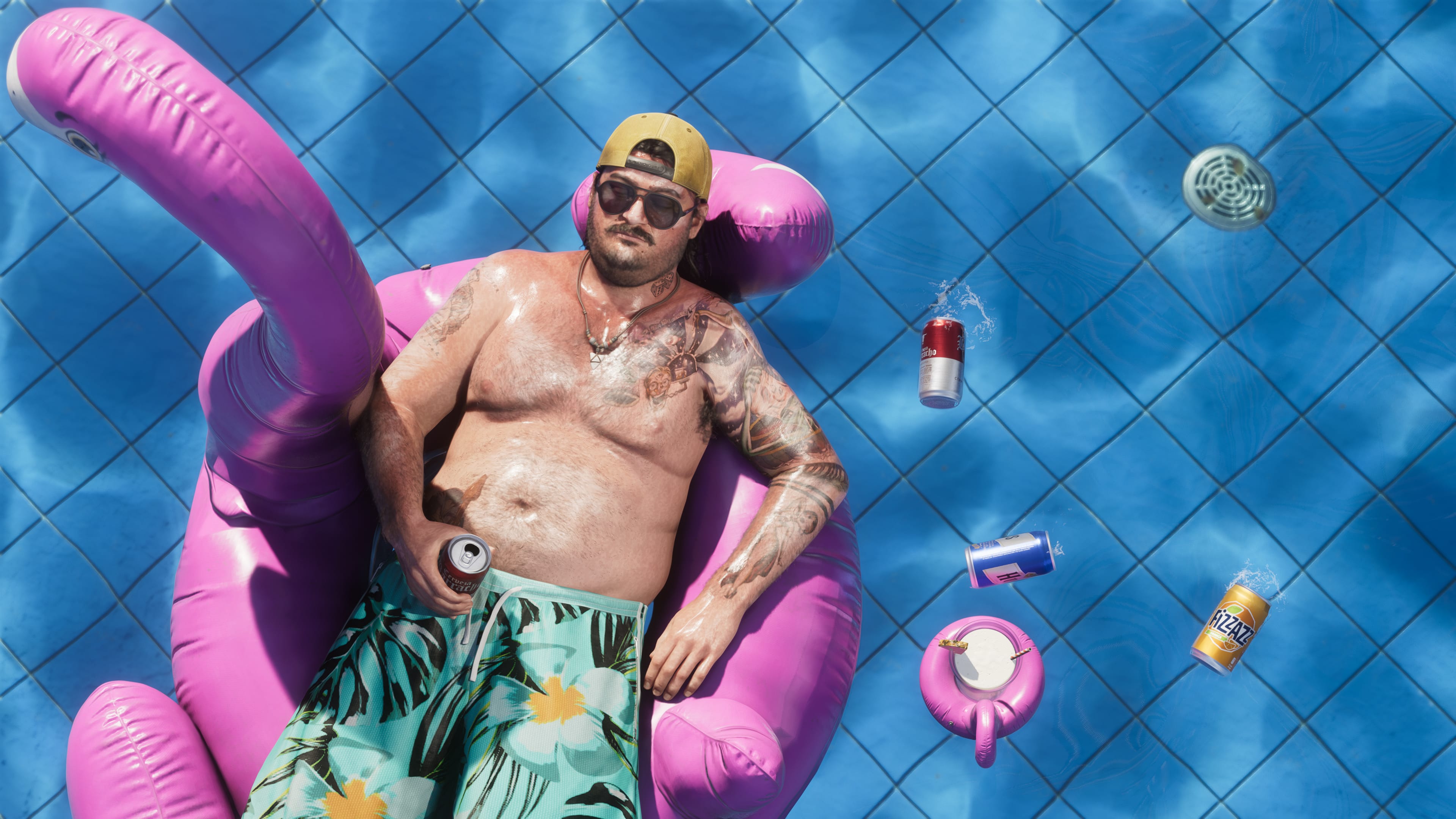 Man on pink pool float with drinks in swimming pool
