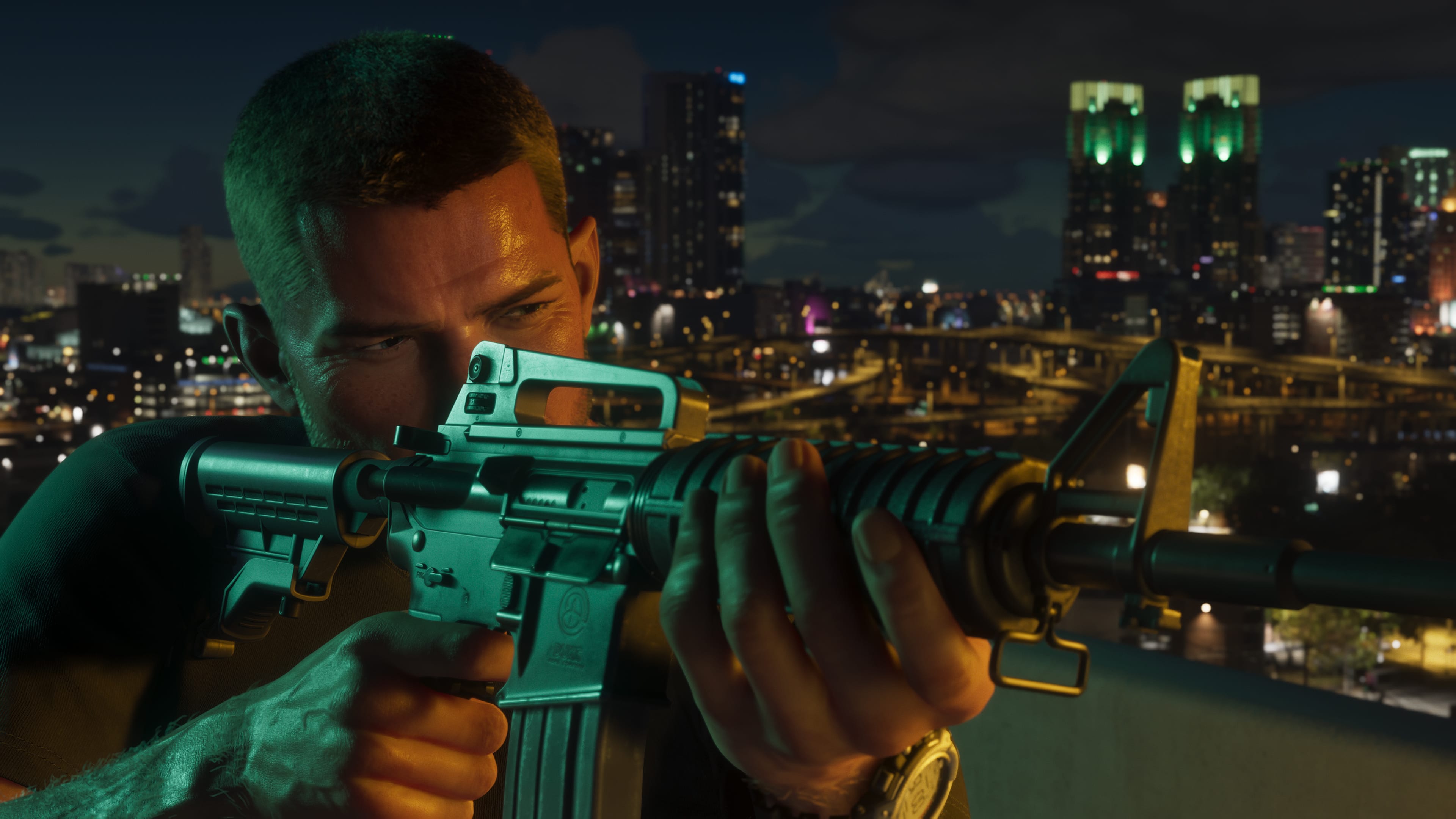 Character aiming a rifle from a rooftop over a neon-lit Vice City at night