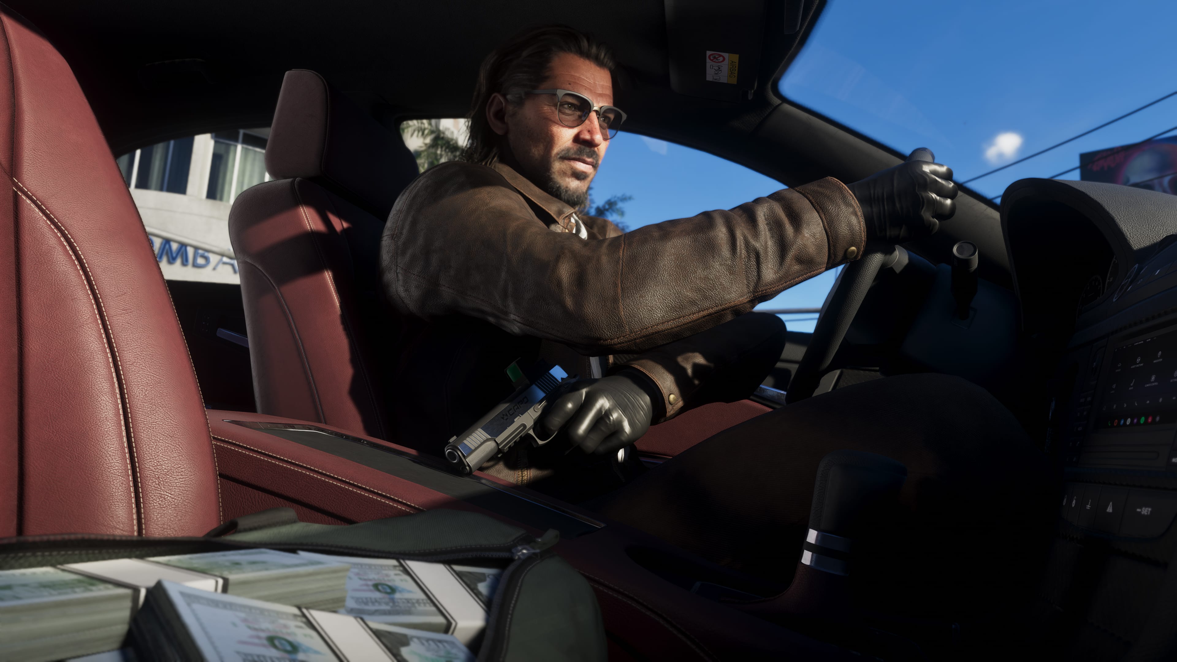 Driver in a Vice City car with a revolver and a stack of cash