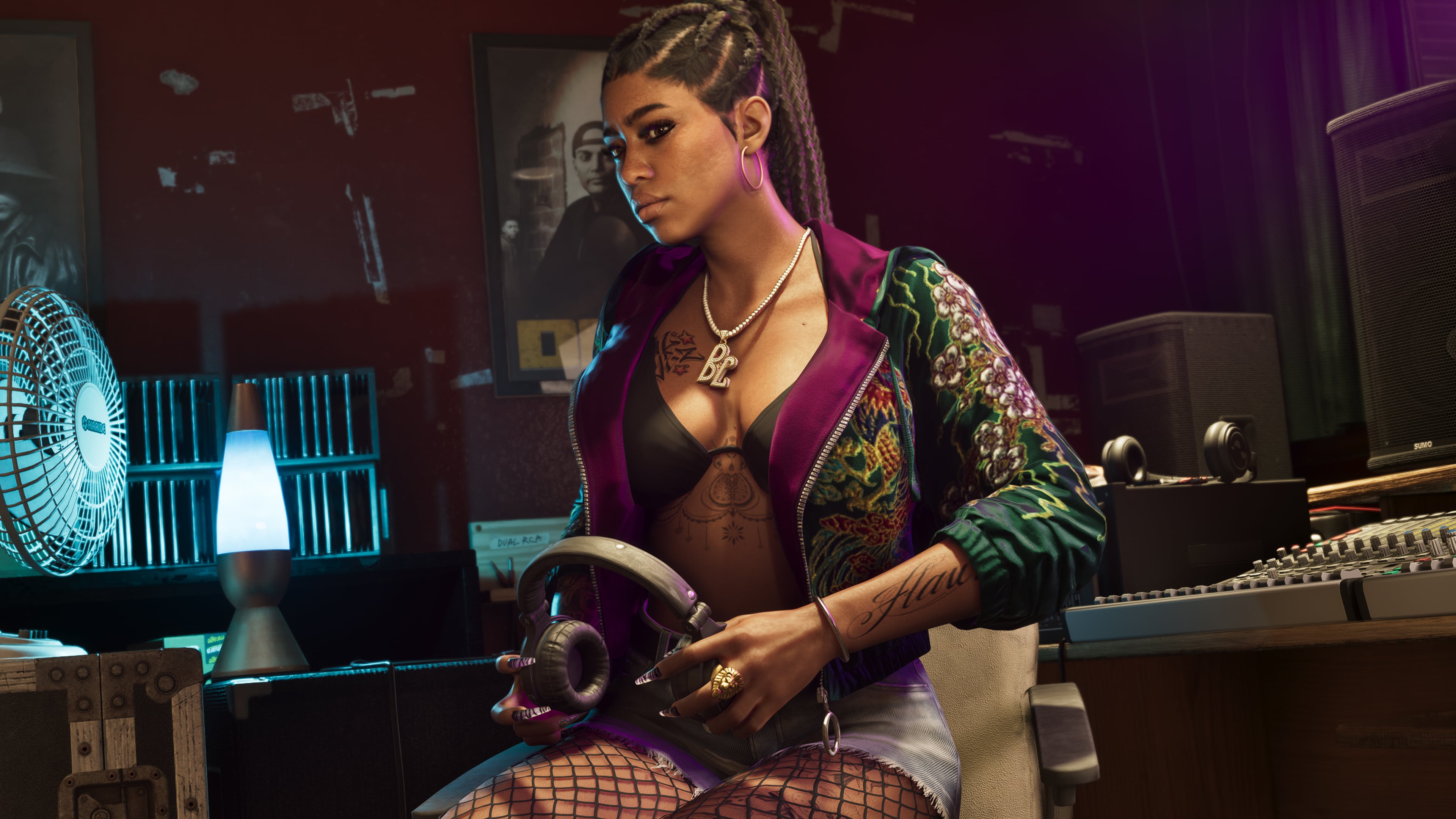 Female character in magenta jacket with headphones in neon-lit bedroom studio at night